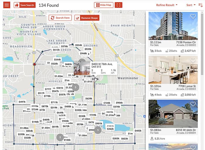 The Interactive Map Widget displays properties on a map