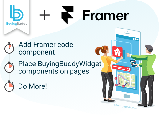 Adding Buying Buddy to Framer: paste one code component, then drag it onto pages.