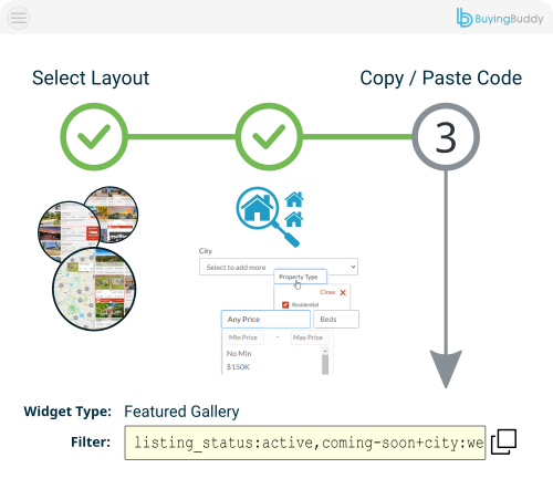 Configuring a Buying Buddy widget from the Framer property panel to display MLS properties.