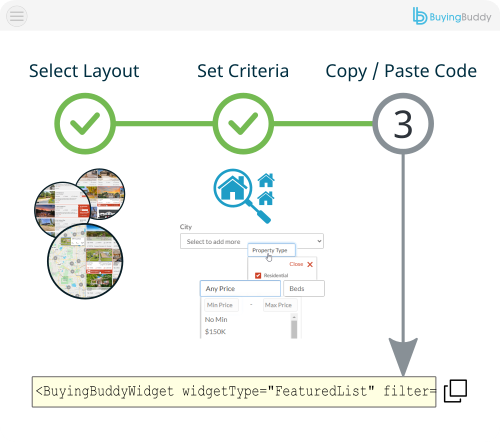 Configuring a Buying Buddy widget on a ChatGPT-built site with type and filter to display MLS properties.