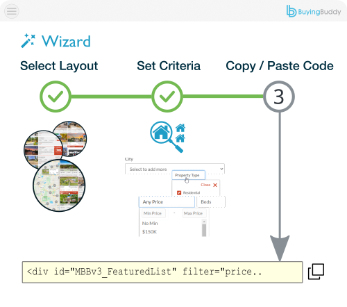Wizard steps help you get IDX shortcodes to embed and display properties on pages.
