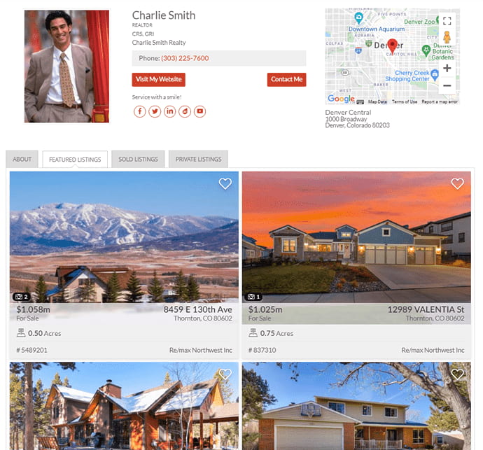 Broker widget showing complete agent profile with bio, active and sold listings, and reviews.