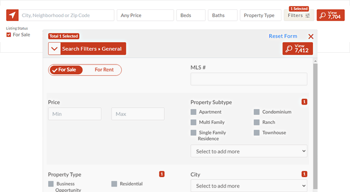 Search form widget with all the local search fields from the MLS.
